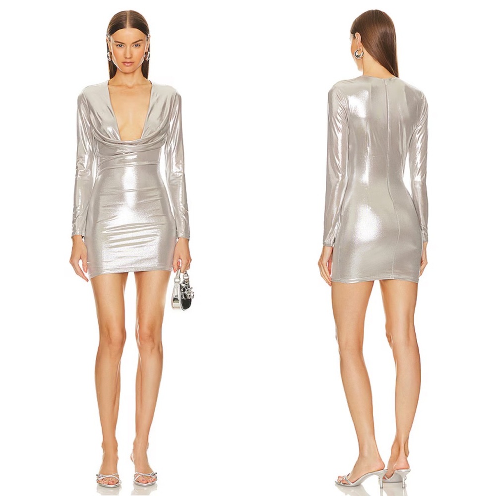 NEW NWT Superdown Gwen Long Sleeve Draped Neck Mini Dress In Silver Metallic